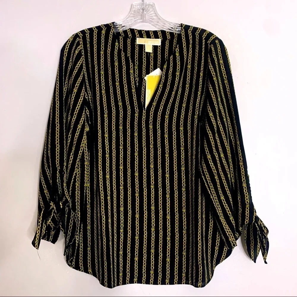 Michael Kors Black Gold Chain Stripe v neck knot blouse small new with tags